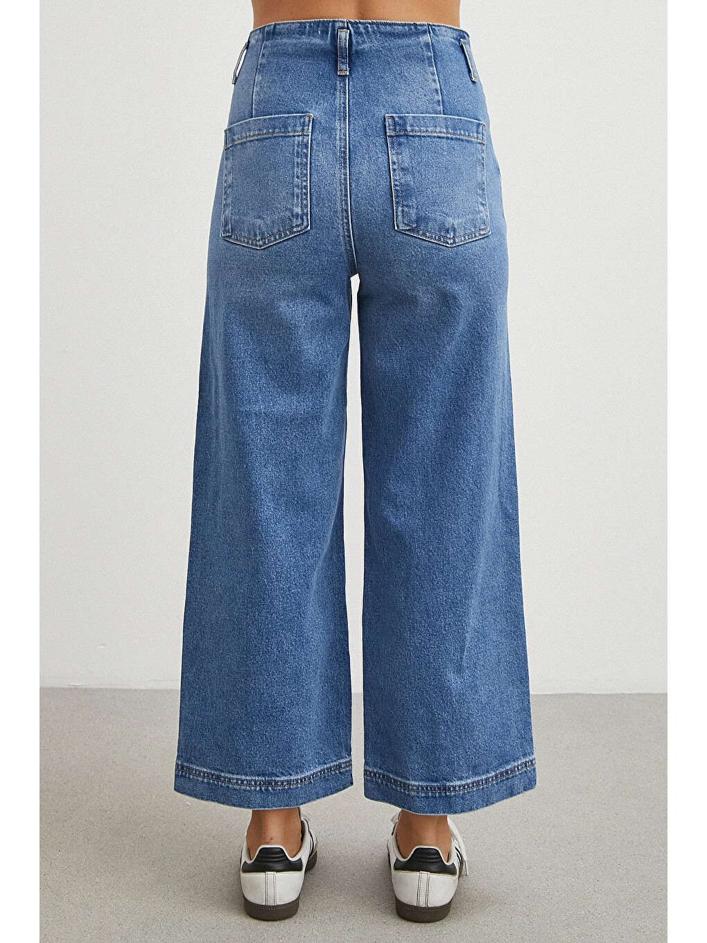 Yüksek Bel Cep Detaylı Wide Leg Jean Mavi-5