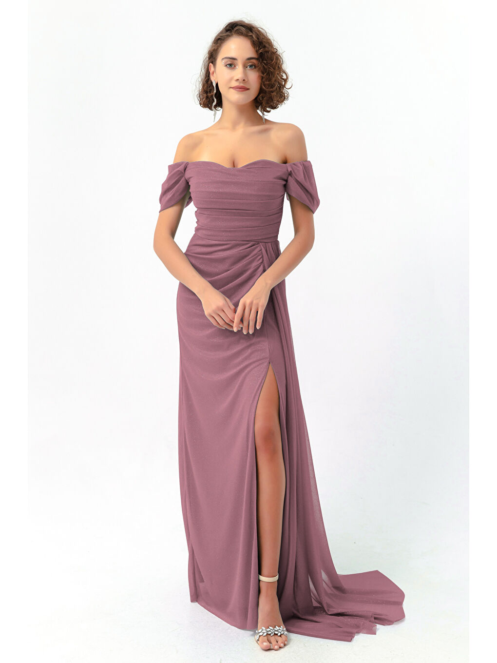 Lila Kadın Lavanta Kayık Yaka Drapeli Yırtmaçlı Uzun Simli Abiye Elbise-2