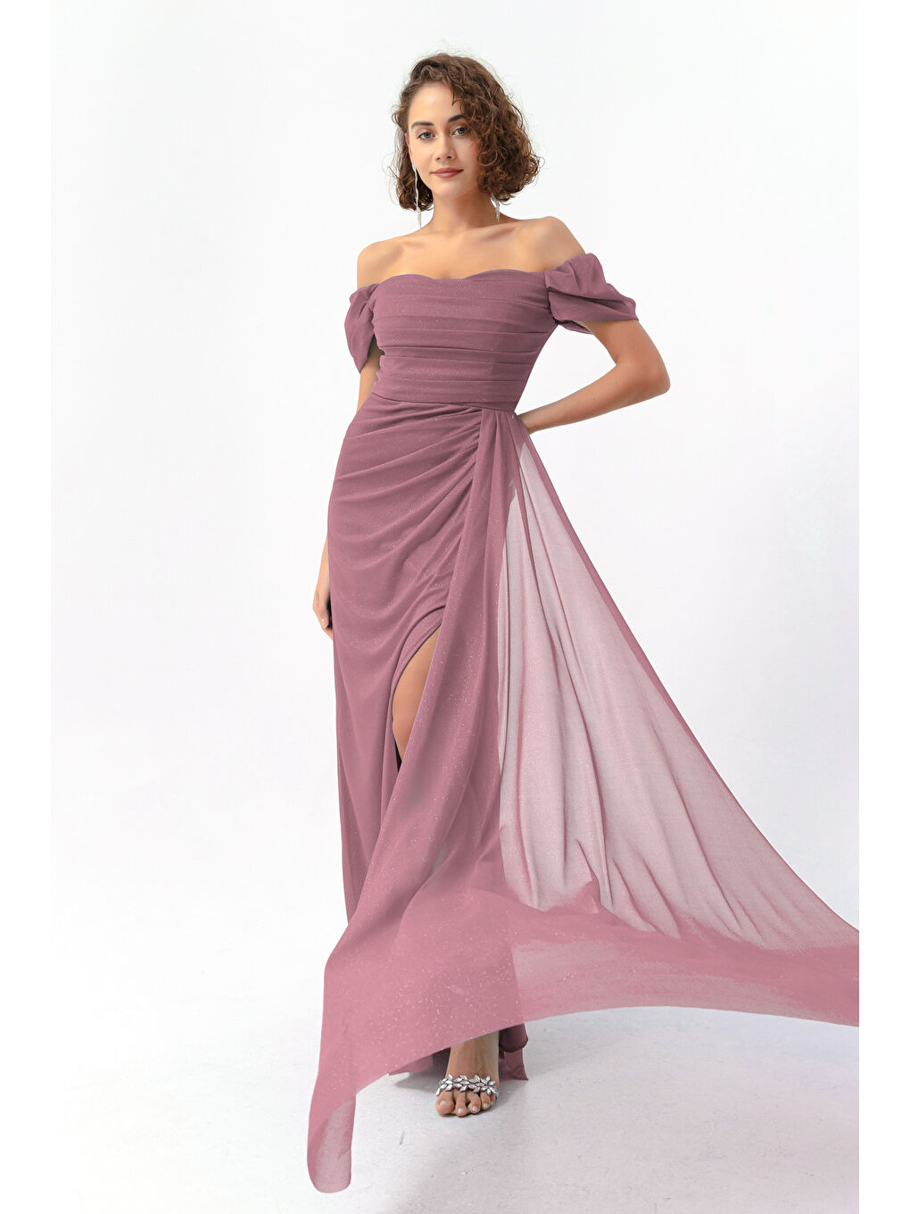 Lila Kadın Lavanta Kayık Yaka Drapeli Yırtmaçlı Uzun Simli Abiye Elbise-3