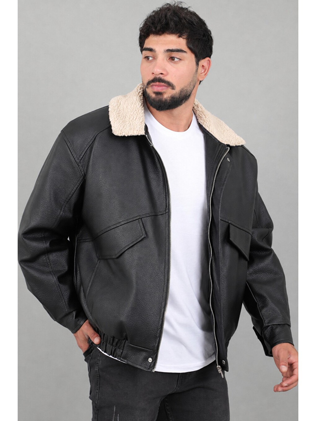Siyah Yaka Kürklü Oversize Kışlık Suni Deri Mont Kmd 864_50532