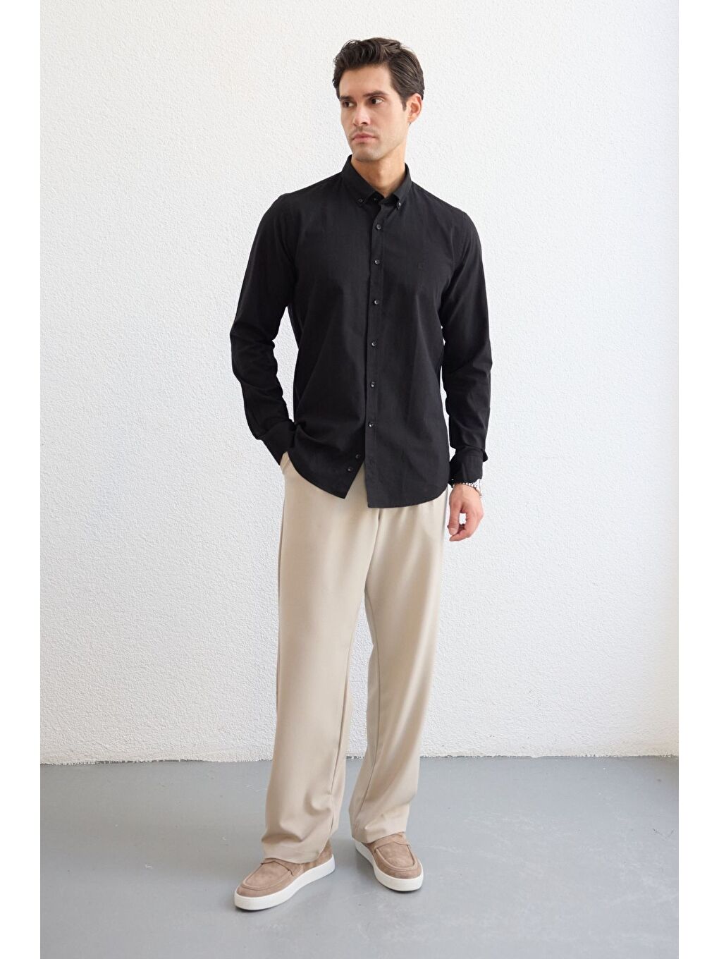 Siyah Turi Erkek Pamuk Gömlek Modern Slim Fit Keten Görünümlü Uzun Kol-3