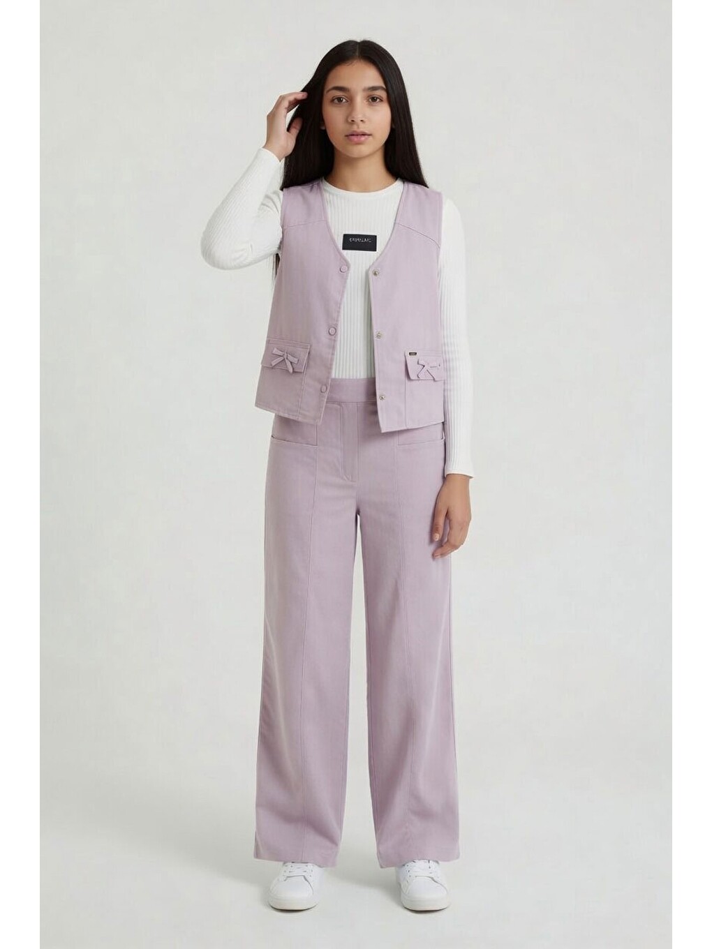 Pembe Cepli Keten Yelekli Yüksek Bel Pantolonlu Badili Kız Çocuk Takım 24571-2