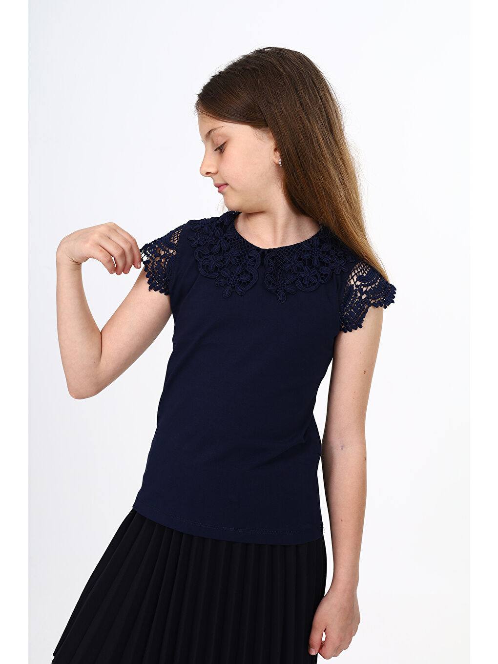 Lacivert Kız Çocuk Okul Tişört-1