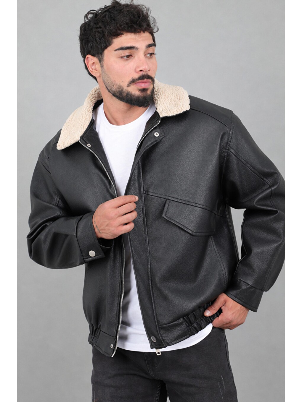 Siyah Yaka Kürklü Oversize Kışlık Suni Deri Mont Kmd 864_50532-1