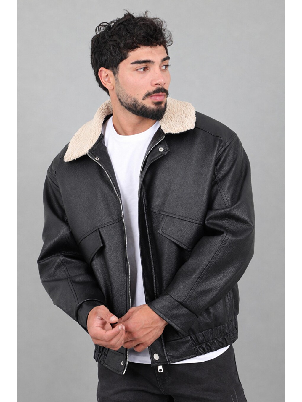 Siyah Yaka Kürklü Oversize Kışlık Suni Deri Mont Kmd 864_50532-2