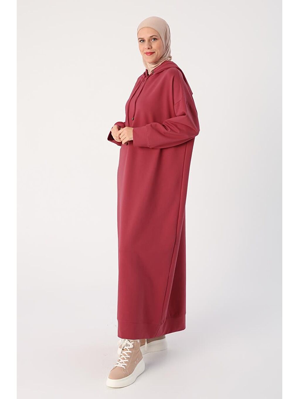 Pembe Gül Büyük Beden Kapüşonlu Basic Örme Elbise-2