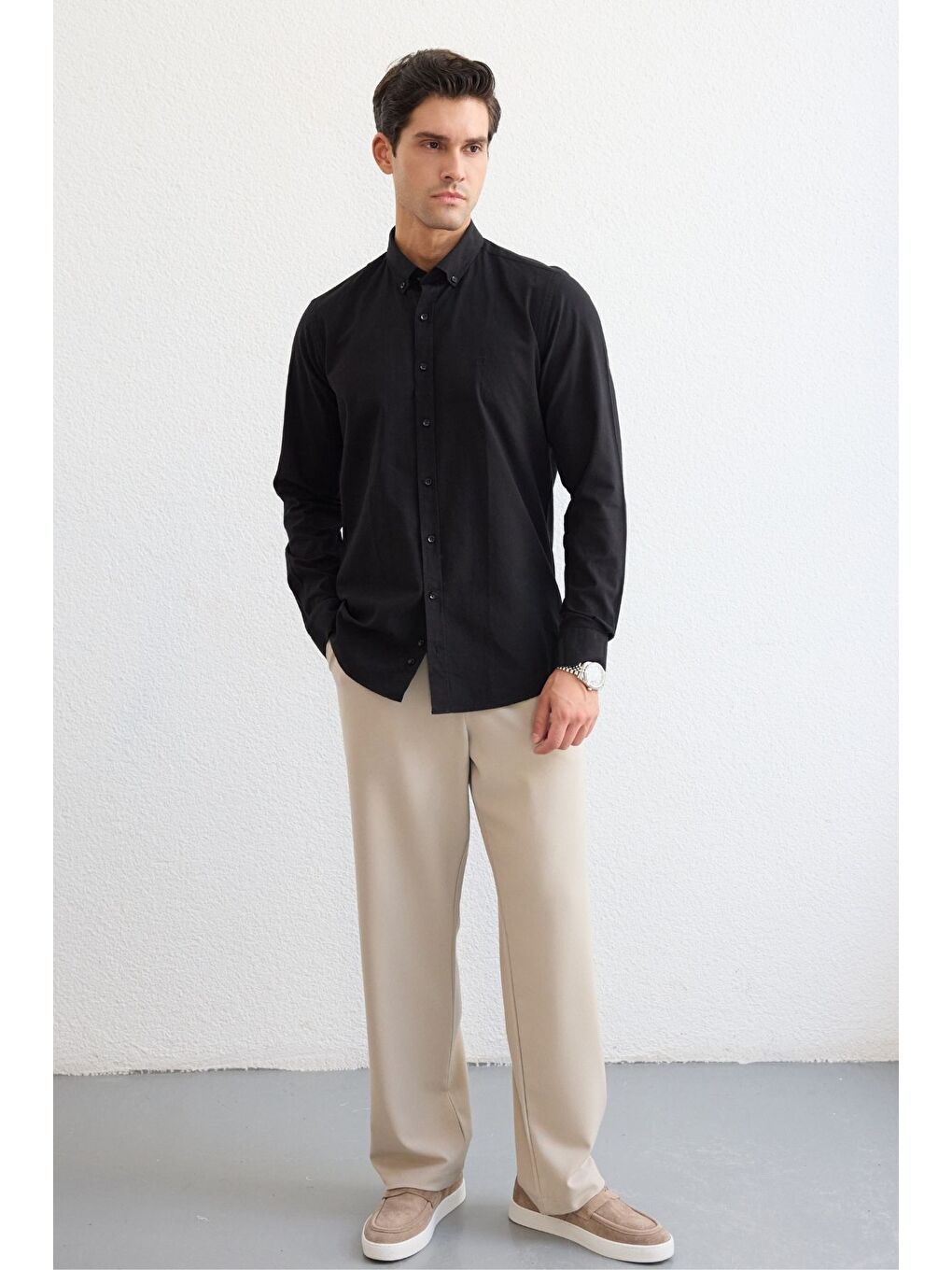 Siyah Turi Erkek Pamuk Gömlek Modern Slim Fit Keten Görünümlü Uzun Kol-4