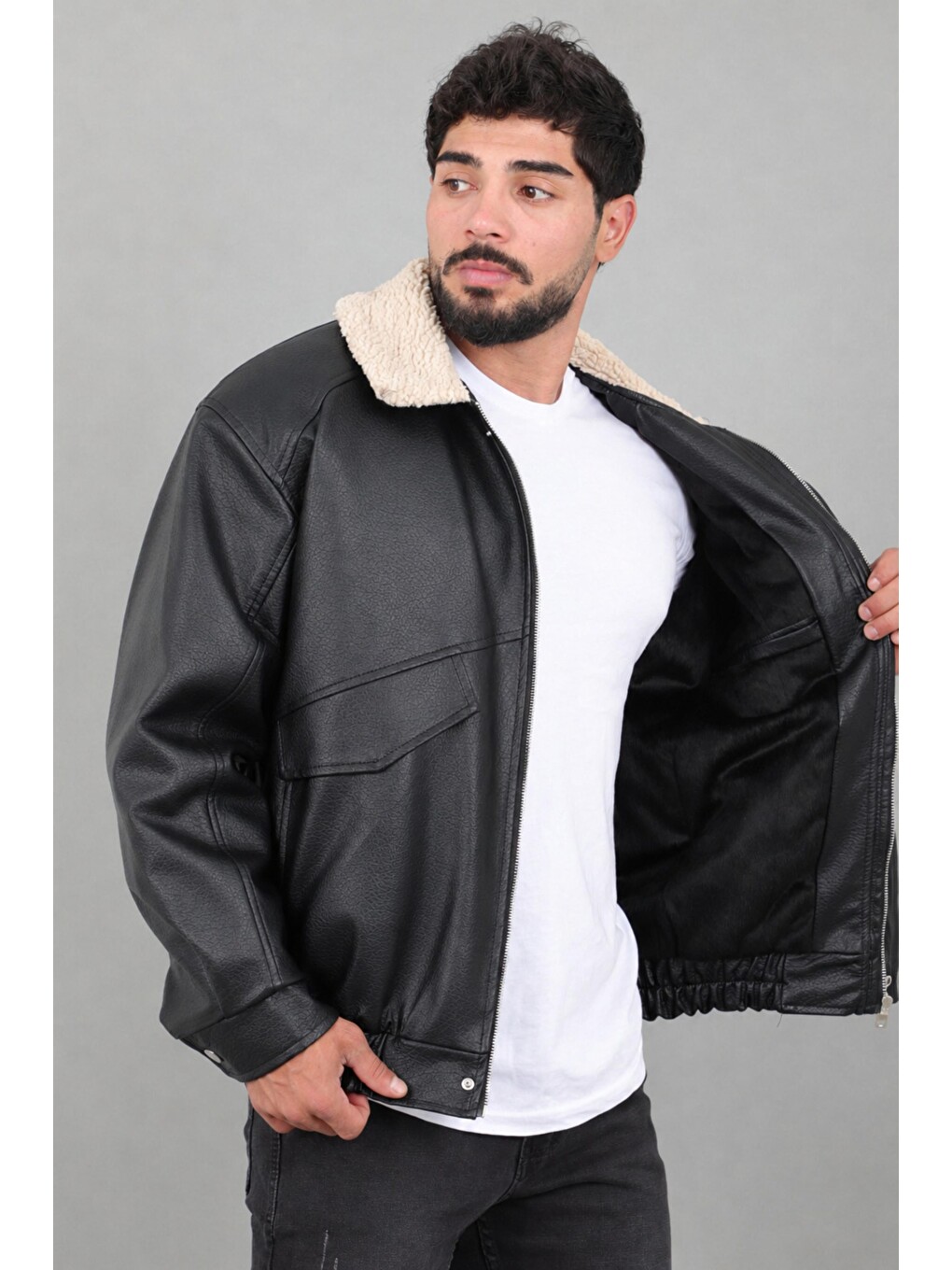 Siyah Yaka Kürklü Oversize Kışlık Suni Deri Mont Kmd 864_50532-3