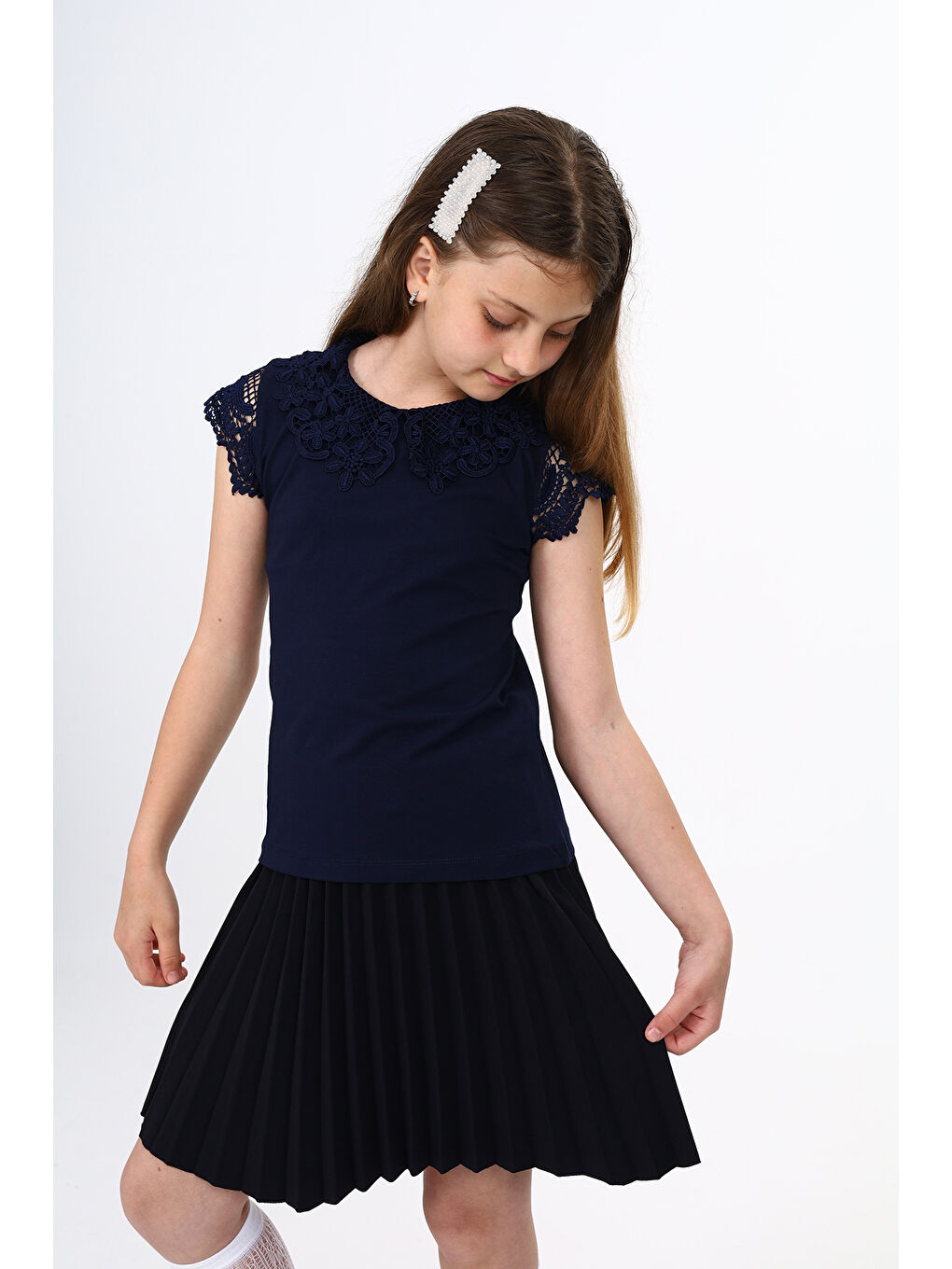 Lacivert Kız Çocuk Okul Tişört-2