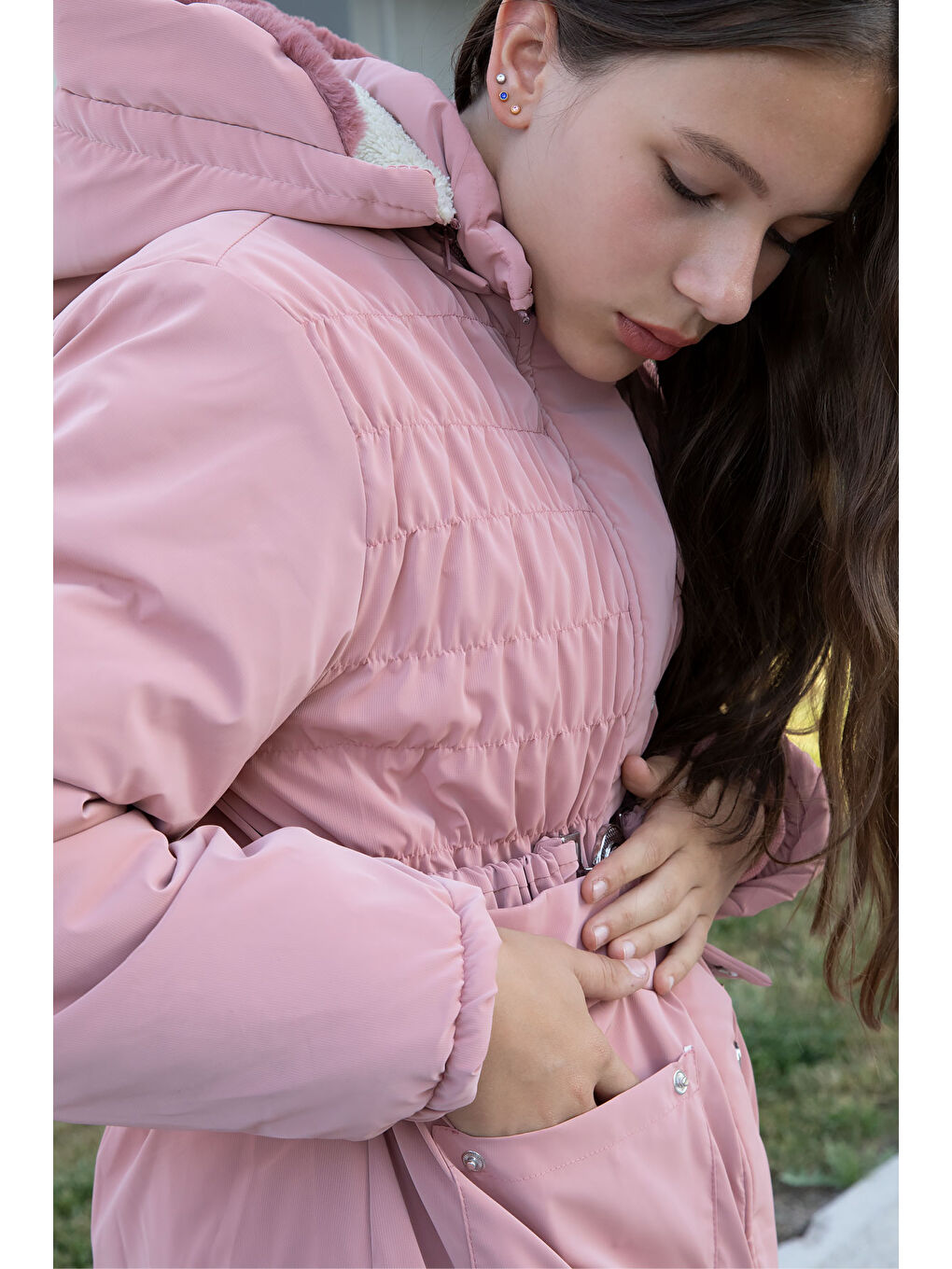 Pembe Kemerli Nubuk Kumaş Kız Çocuk İçi Kürklü Kapüşonlu Şişme Mont 21312-1