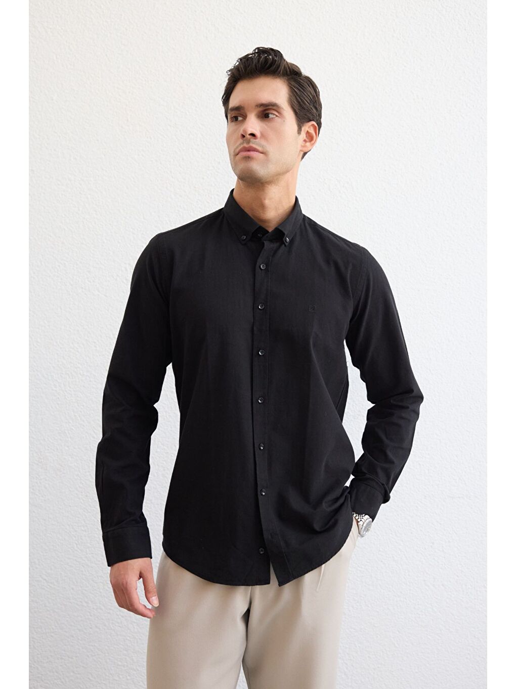 Siyah Turi Erkek Pamuk Gömlek Modern Slim Fit Keten Görünümlü Uzun Kol-5