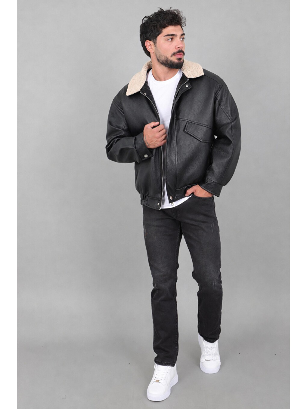 Siyah Yaka Kürklü Oversize Kışlık Suni Deri Mont Kmd 864_50532-4