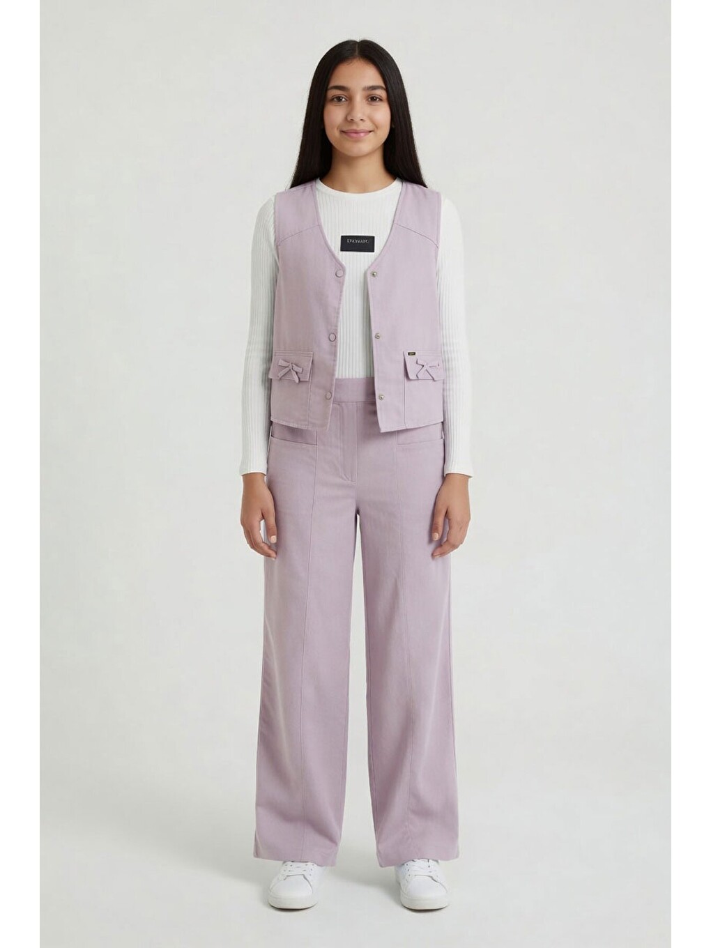 Pembe Cepli Keten Yelekli Yüksek Bel Pantolonlu Badili Kız Çocuk Takım 24571-4