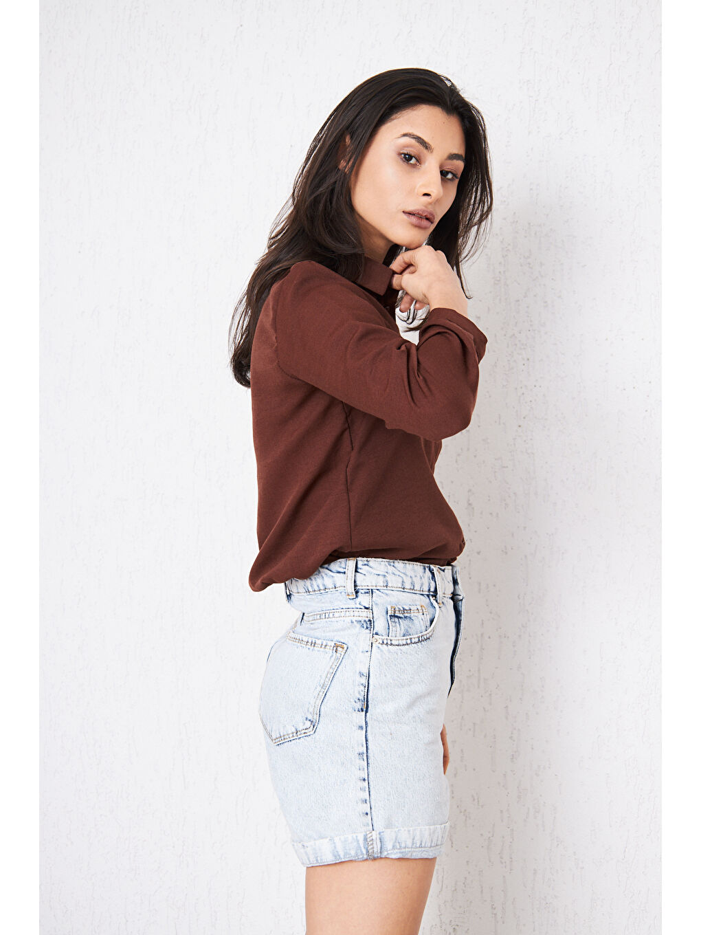 Kahverengi Kadın Uzun Kollu Düğmeli Basic Kahve Tunik Gömlek-3