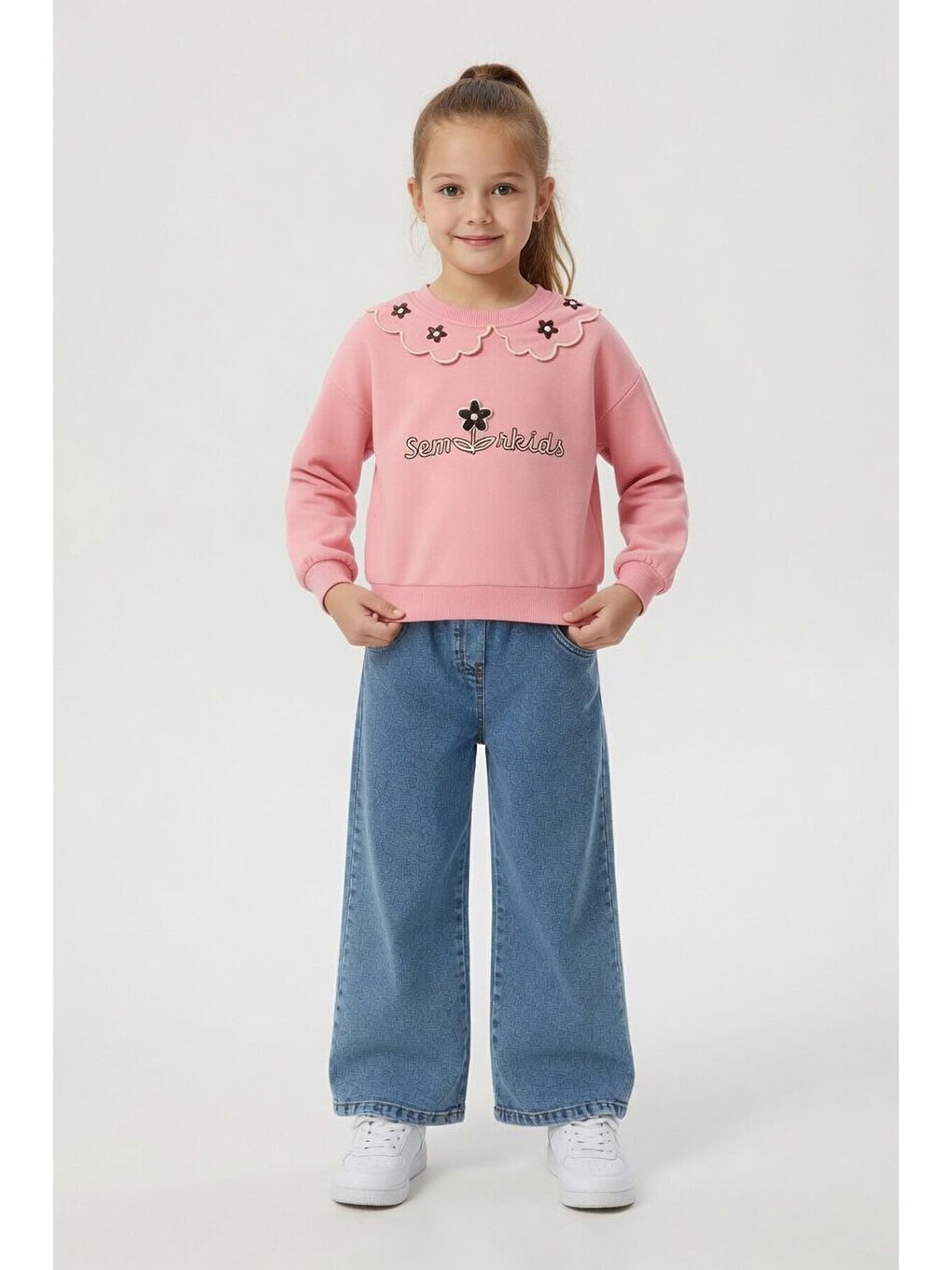 Pembe Yakası Çiçek Nakışlı Badili Jean Pantolonlu Kız Çocuk Takım 24568-1