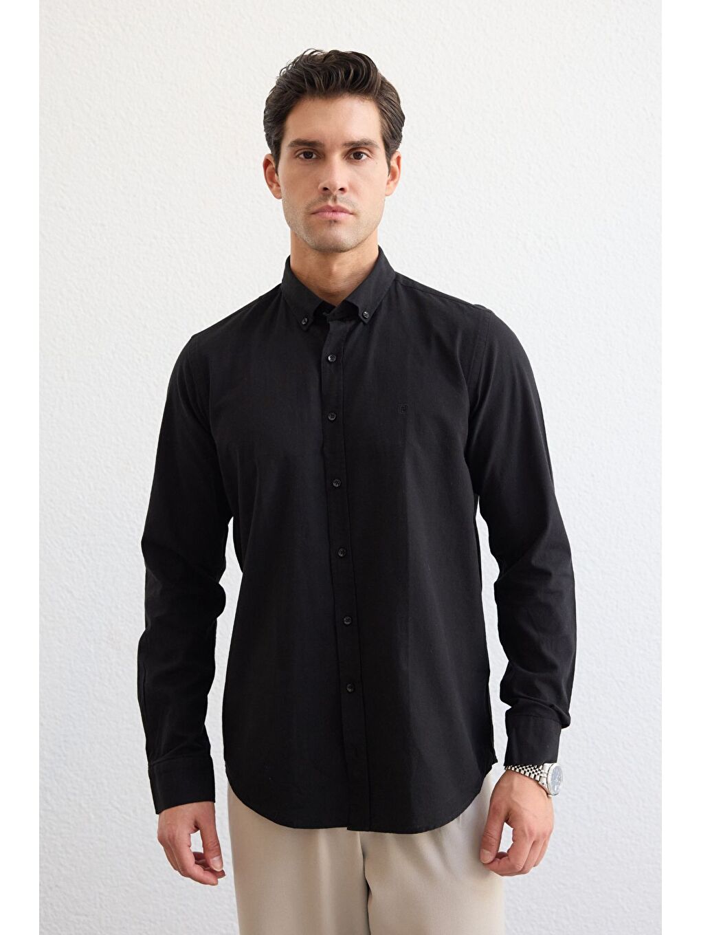 Siyah Turi Erkek Pamuk Gömlek Modern Slim Fit Keten Görünümlü Uzun Kol-6