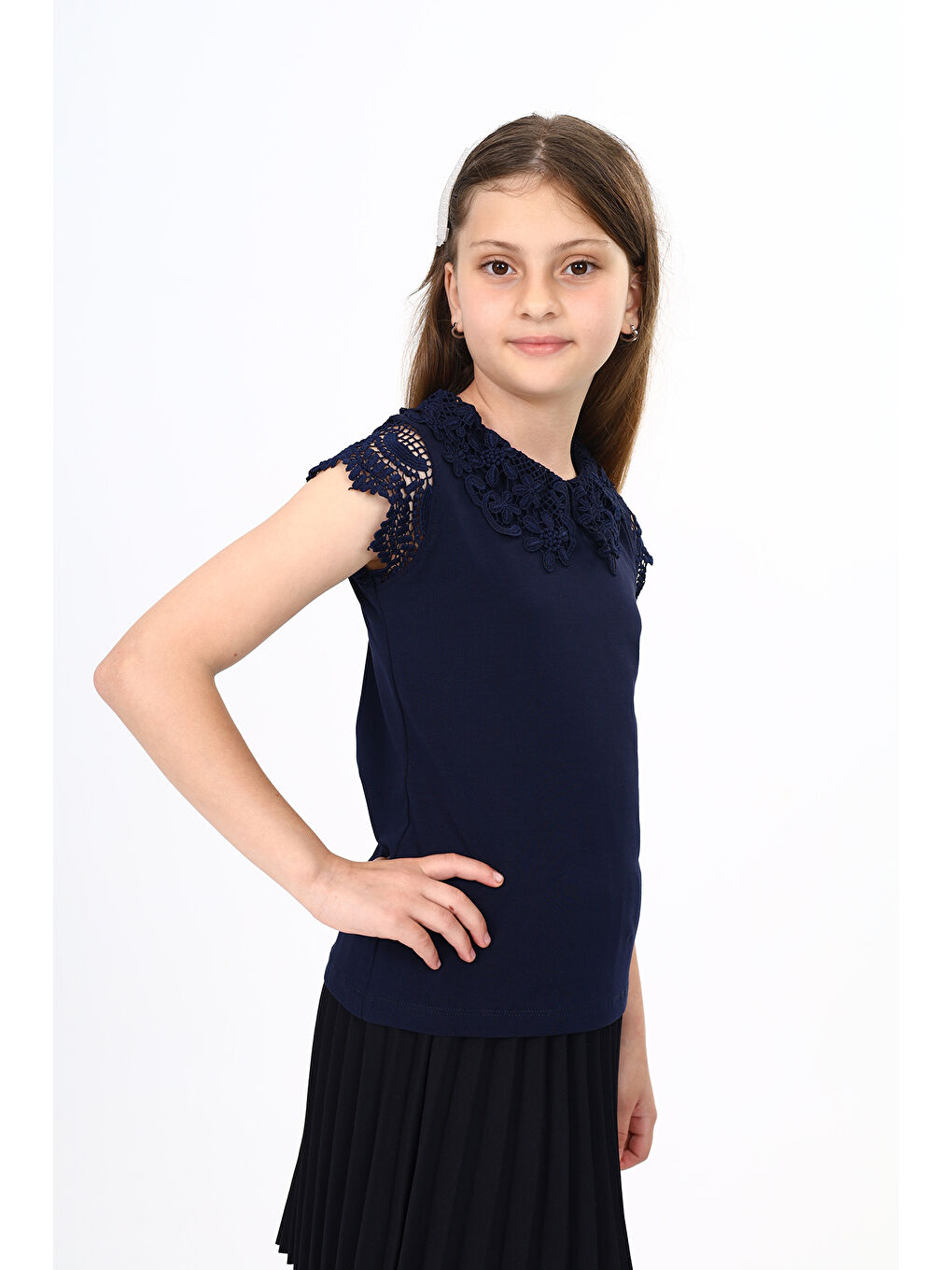 Lacivert Kız Çocuk Okul Tişört-4