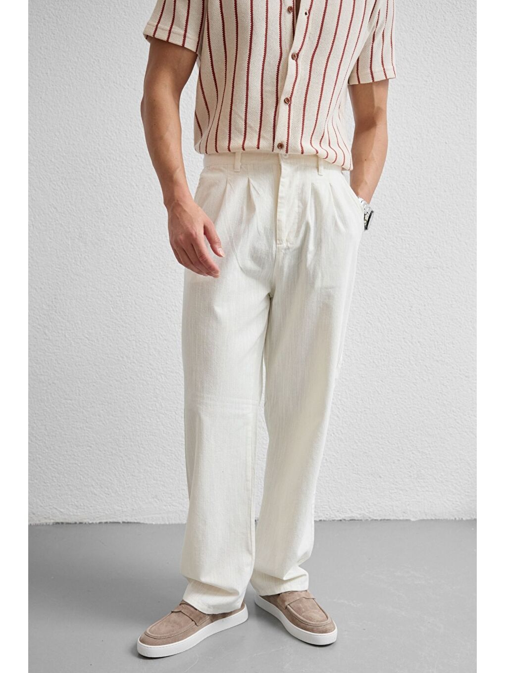Beyaz Boso Erkek Çift Pileli Keten Baggy Pantolon