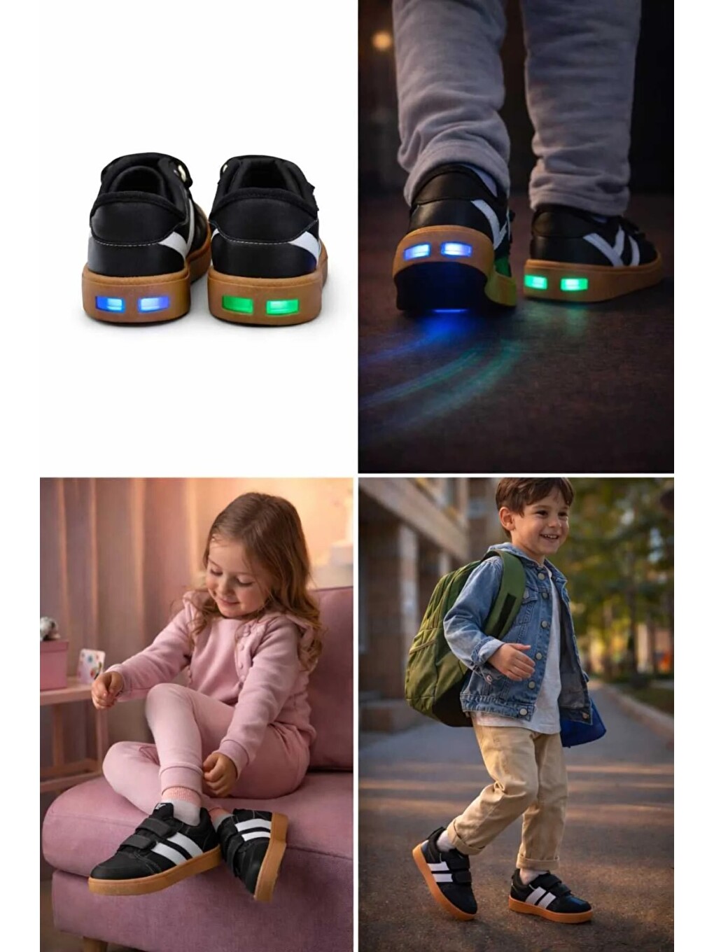 Siyah Unisex Günlük Işıklı Çocuk Cırtlı Yürüyüş Koşu Sneaker Spor Ayakkabı-2