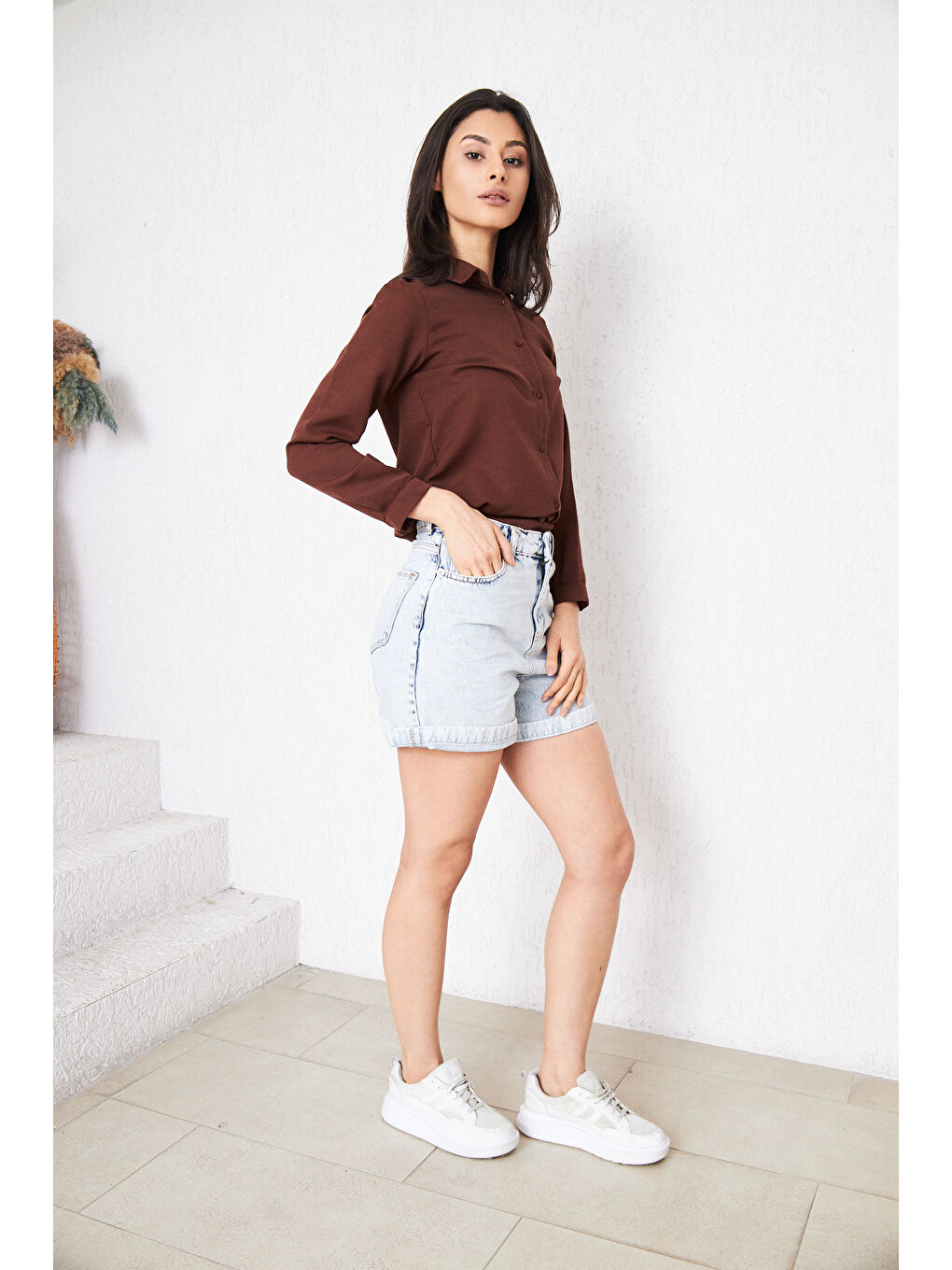 Kahverengi Kadın Uzun Kollu Düğmeli Basic Kahve Tunik Gömlek-5