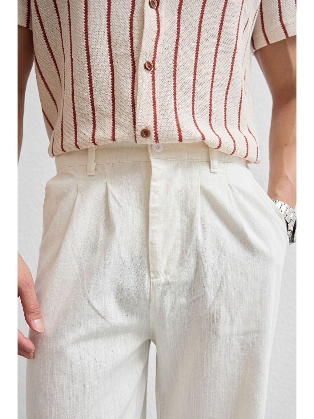 Beyaz Boso Erkek Çift Pileli Keten Baggy Pantolon-1