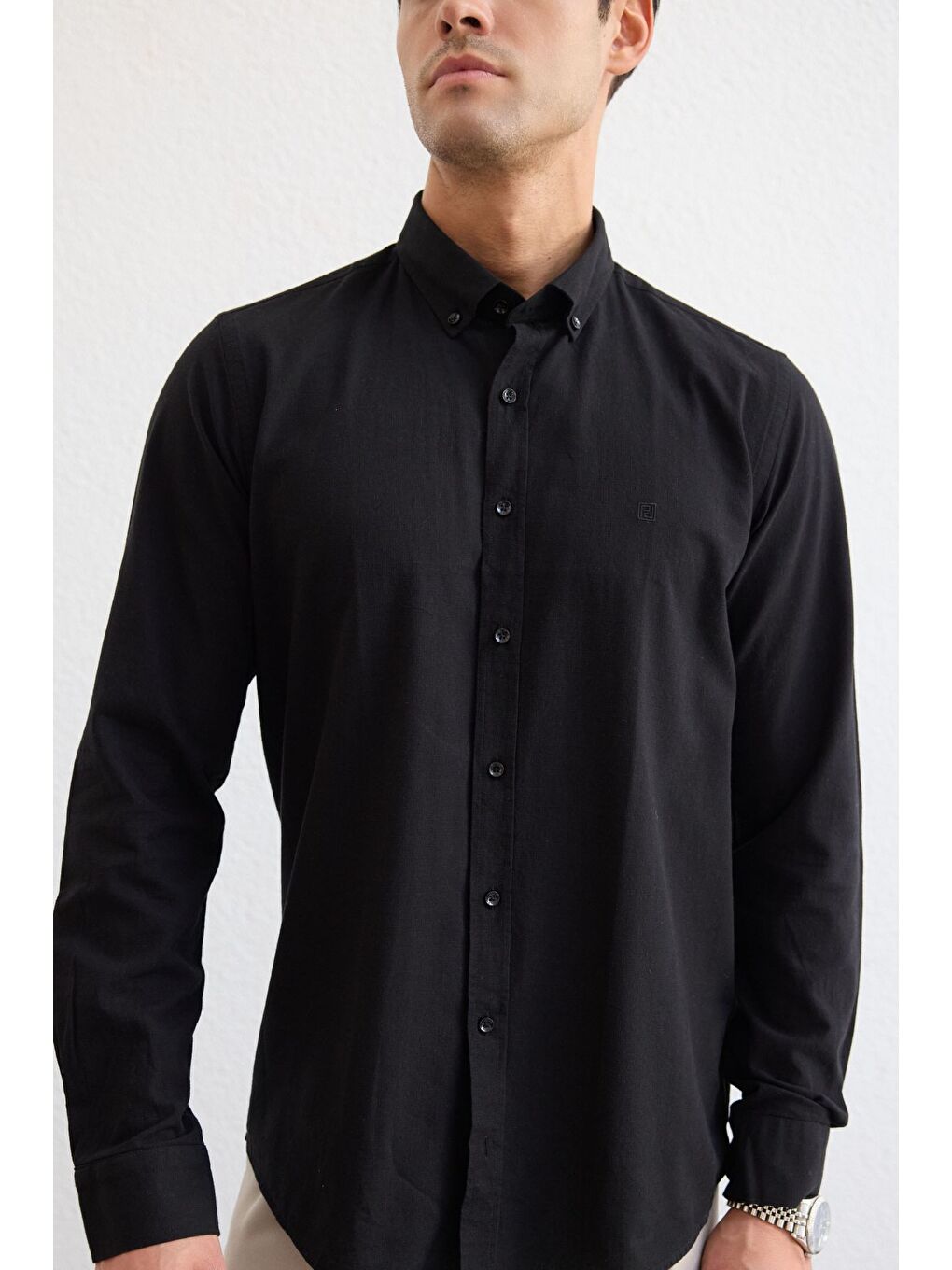 Siyah Turi Erkek Pamuk Gömlek Modern Slim Fit Keten Görünümlü Uzun Kol-7