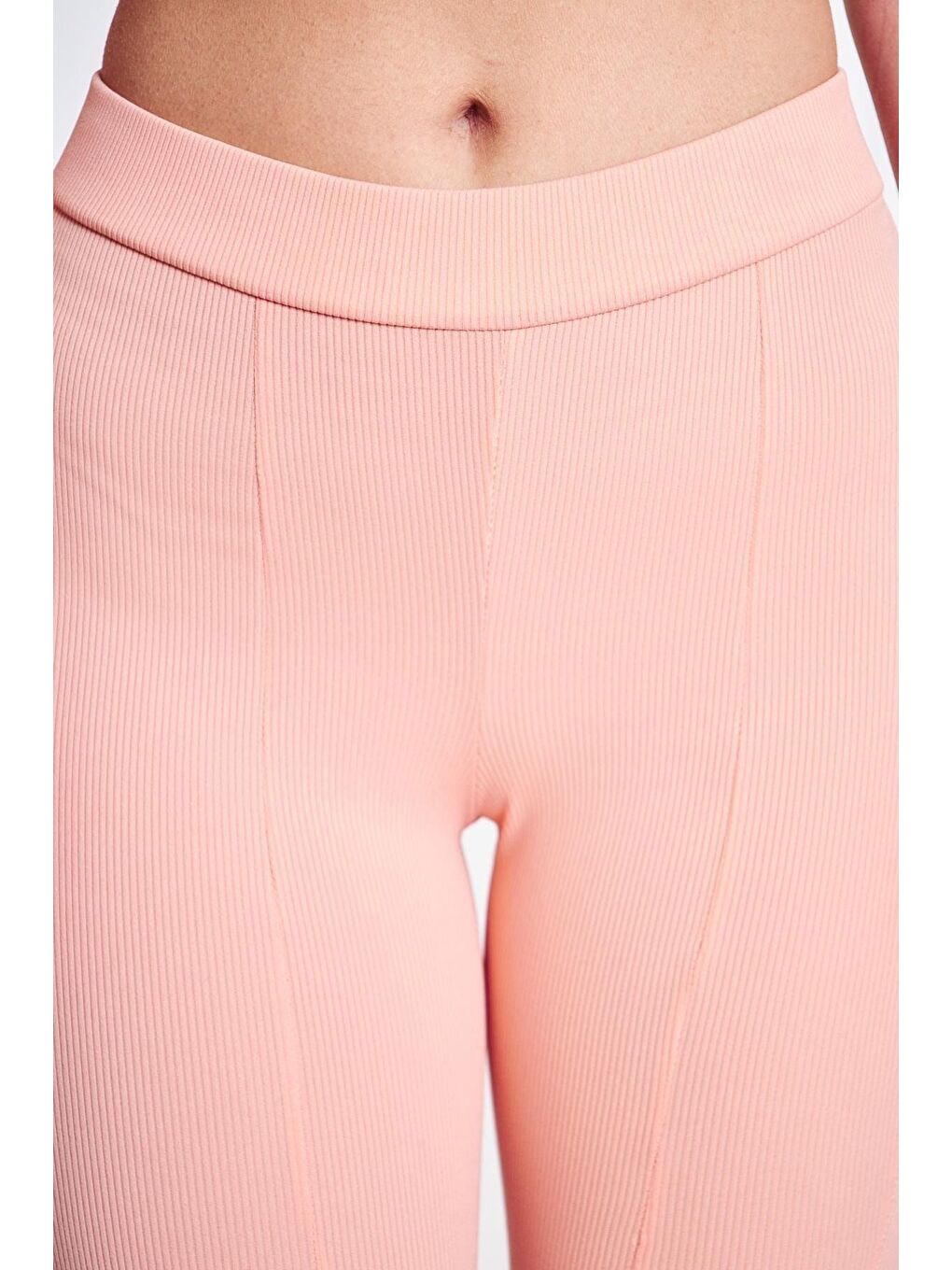 Pembe Kadın Çizgili Yırtmaçlı Pudra Ispanyol Paça Pantolon-1