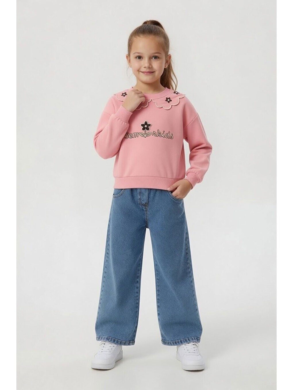 Pembe Yakası Çiçek Nakışlı Badili Jean Pantolonlu Kız Çocuk Takım 24568-2