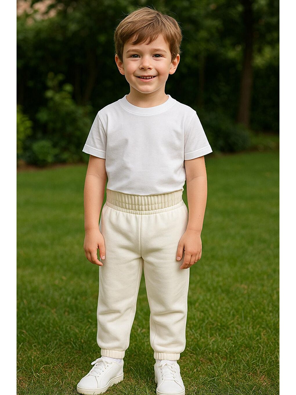 Erkek Çocuk %100 Pamuk Beli Ve Paçası Lastikli Eşofman Altı - Beyaz (3-4 Yaş 8-9 Yaş)