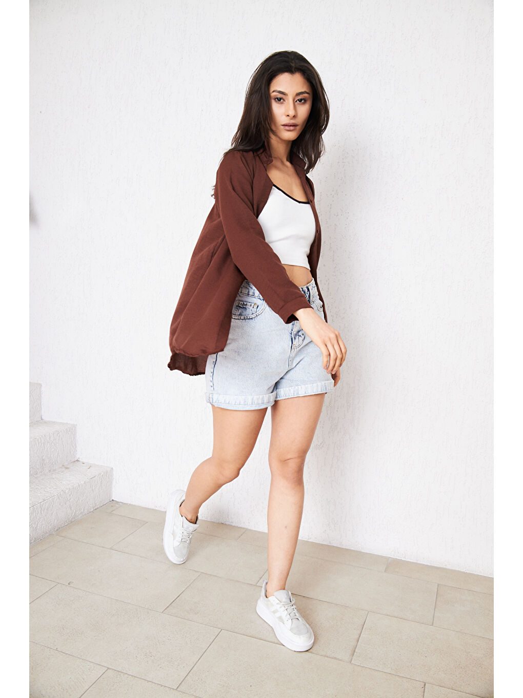 Kahverengi Kadın Uzun Kollu Düğmeli Basic Kahve Tunik Gömlek-6