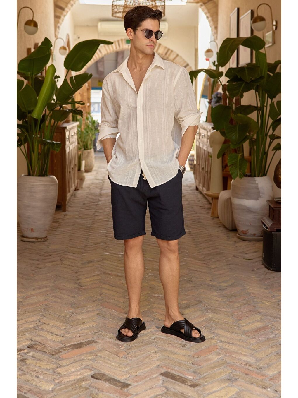 Beyaz Yuji Kendinden Desenli Keten Görünümlü Pamuk Oversize Erkek Gömlek-2