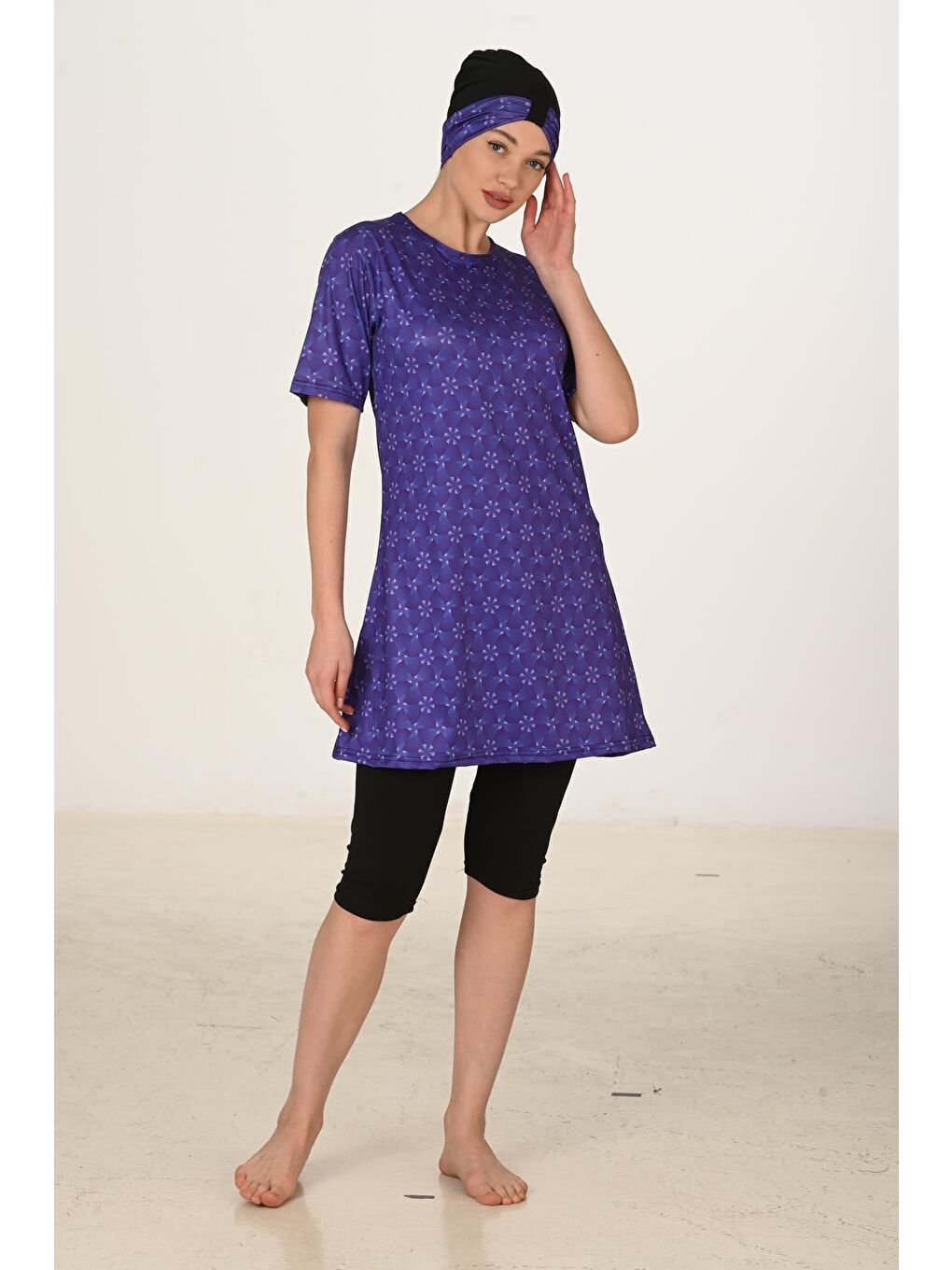 Mor Kısa Kollu Elastanlı Yarı Kapalı Tesettür Mayo 3456-1