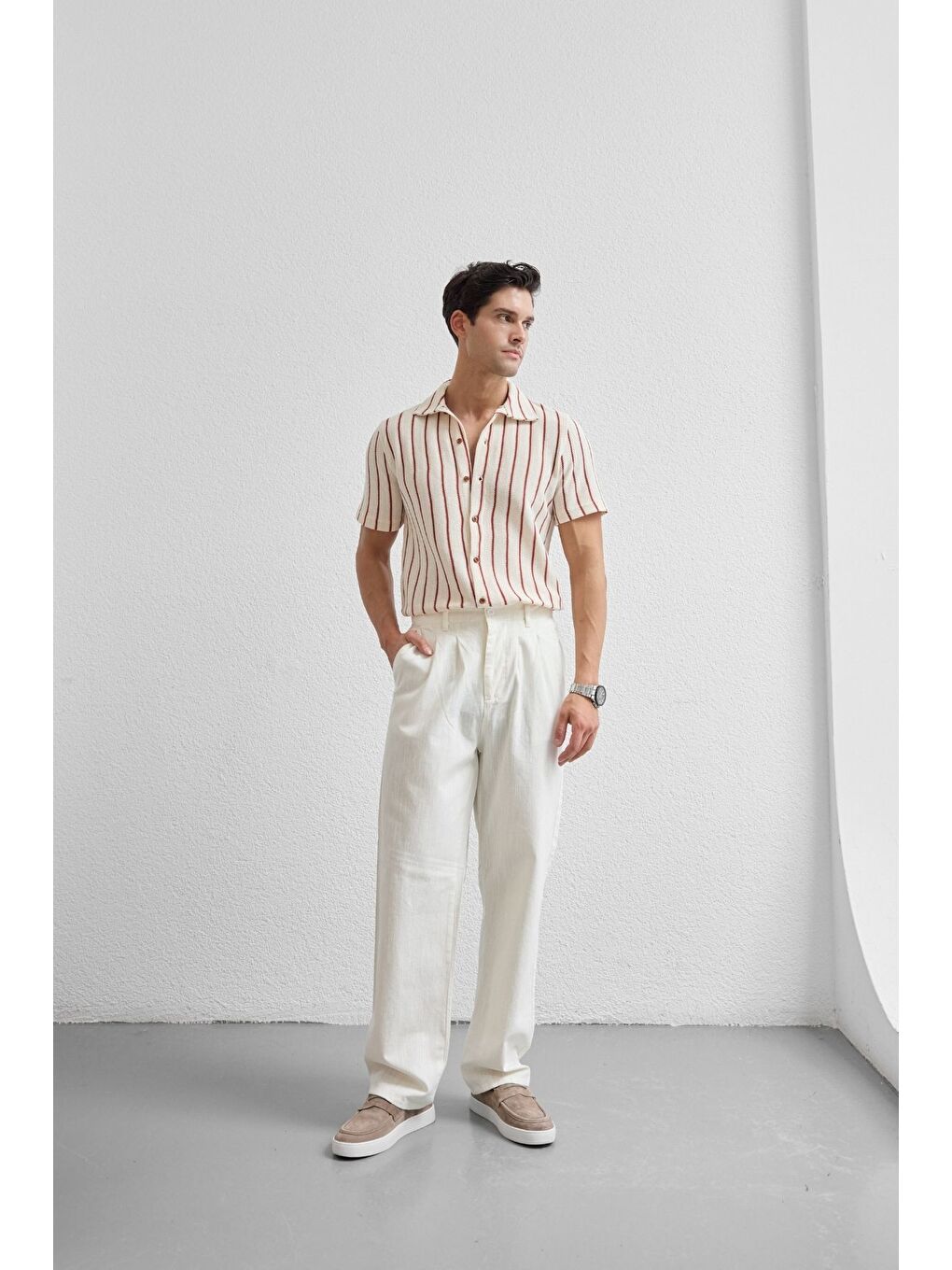 Beyaz Boso Erkek Çift Pileli Keten Baggy Pantolon-2