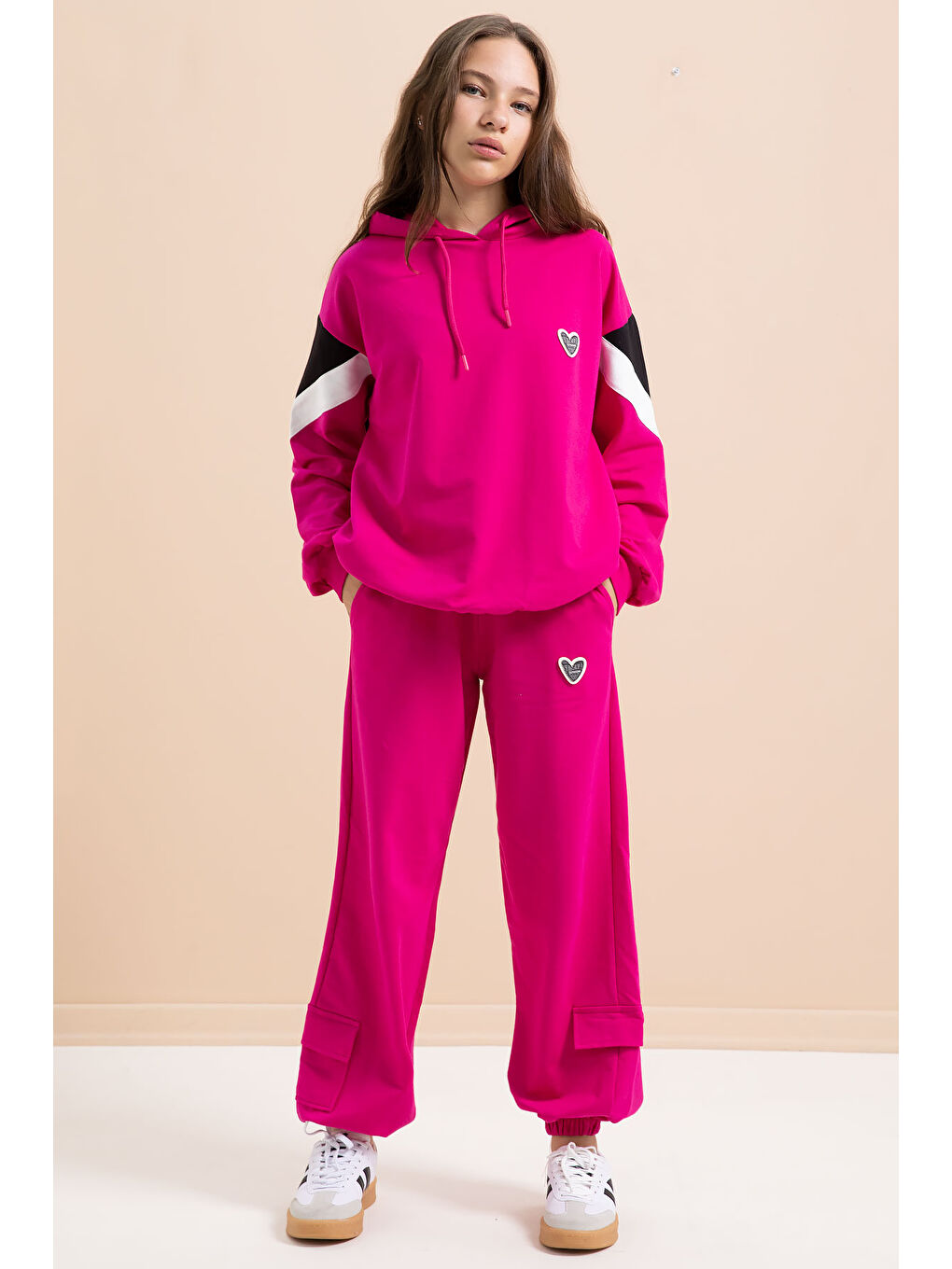 Fuşya Kargo Cepli Kız Çocuk Logolu İkili Takım 21299-2