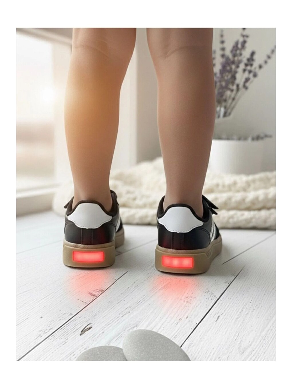 Siyah Unisex Günlük Işıklı Çocuk Cırtlı Yürüyüş Koşu Sneaker Spor Ayakkabı-3