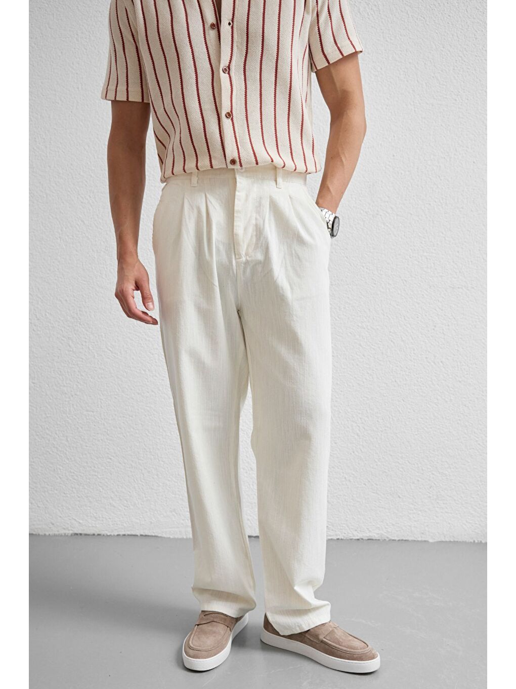 Beyaz Boso Erkek Çift Pileli Keten Baggy Pantolon-3