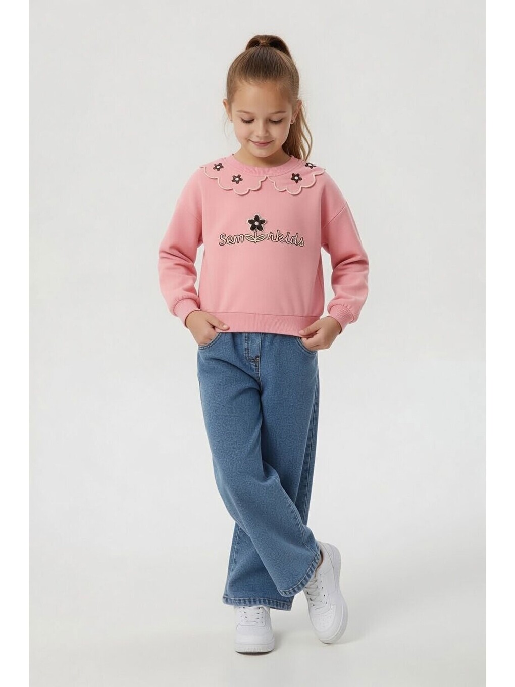 Pembe Yakası Çiçek Nakışlı Badili Jean Pantolonlu Kız Çocuk Takım 24568-3