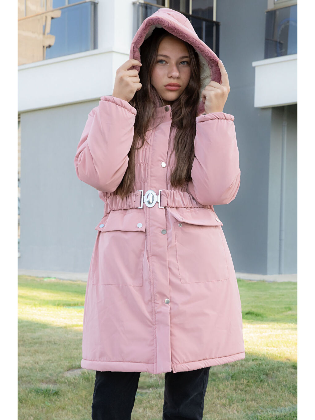 Pembe Kemerli Nubuk Kumaş Kız Çocuk İçi Kürklü Kapüşonlu Şişme Mont 21312-2