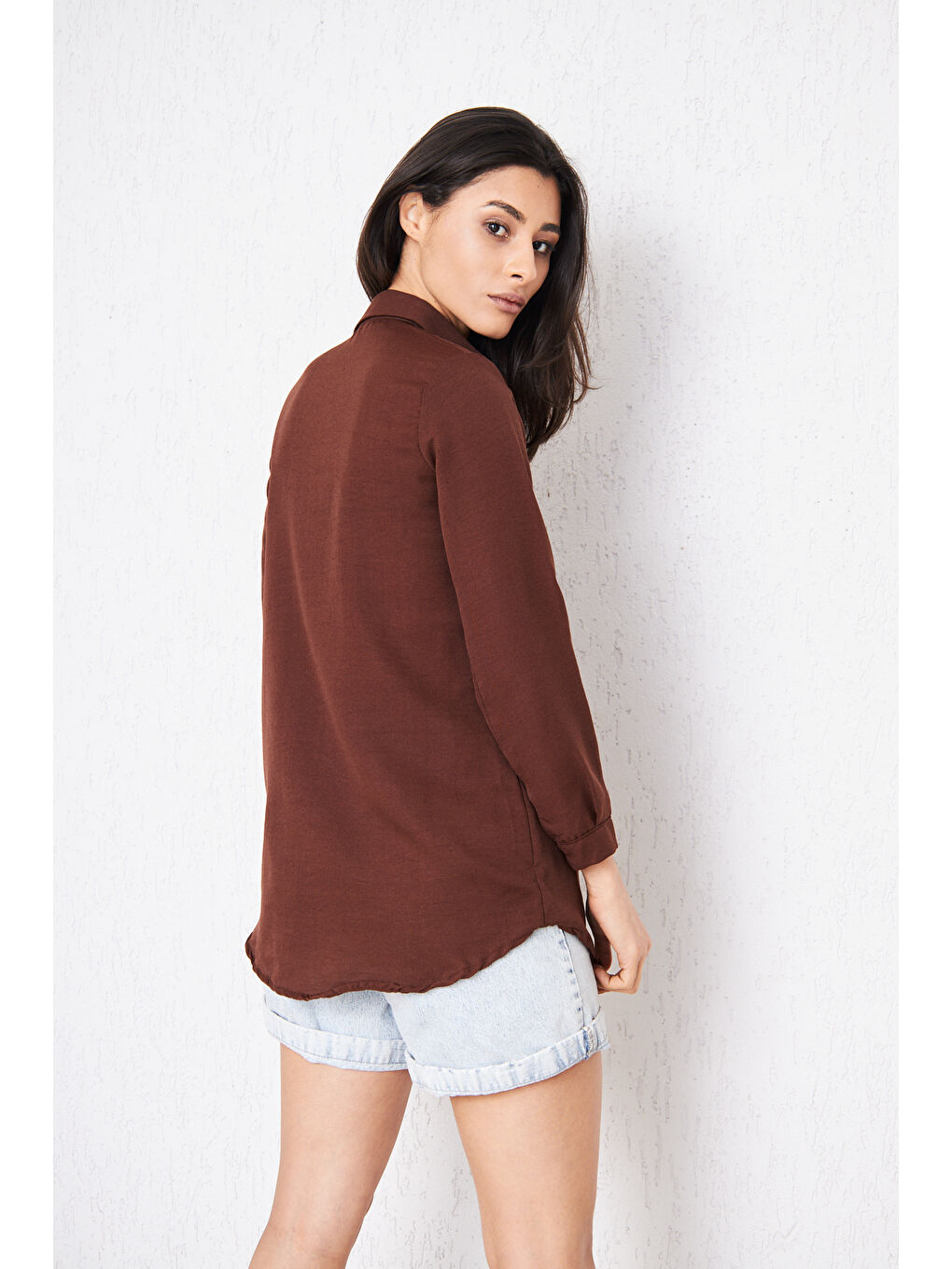 Kahverengi Kadın Uzun Kollu Düğmeli Basic Kahve Tunik Gömlek-7