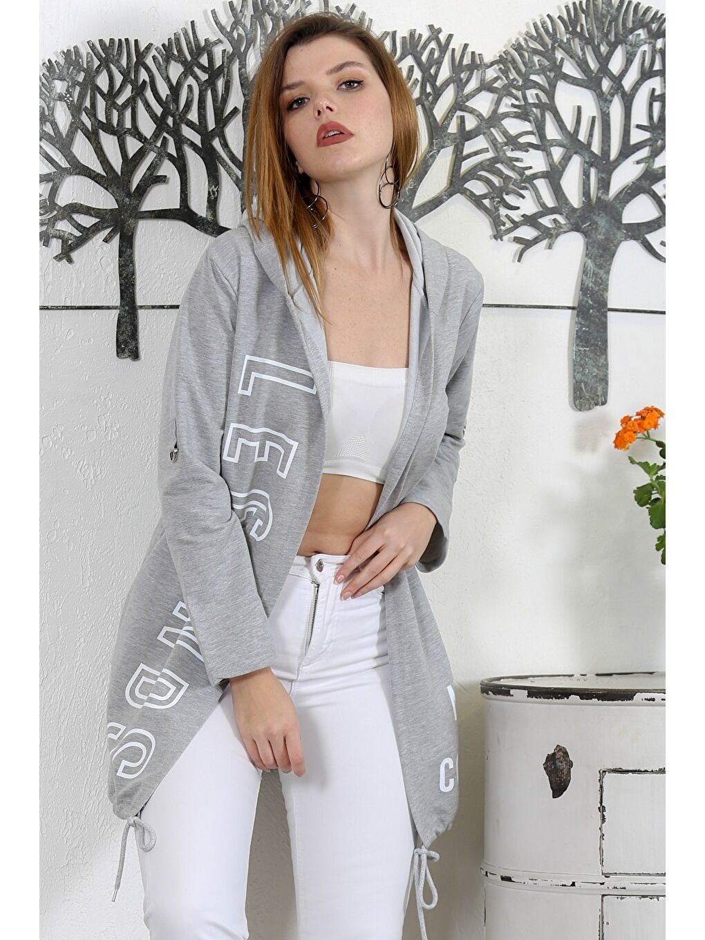 Gri Kapüşonlu Uzun Kol Baskılı Örme Casual Kapüşonlu Ceket-1