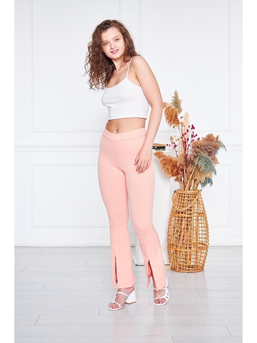 Pembe Kadın Çizgili Yırtmaçlı Pudra Ispanyol Paça Pantolon-2