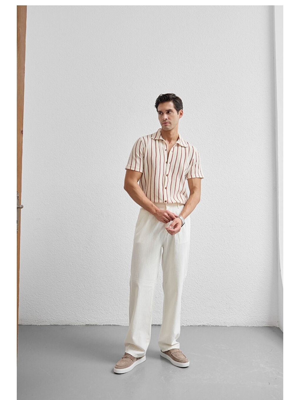 Beyaz Boso Erkek Çift Pileli Keten Baggy Pantolon-4