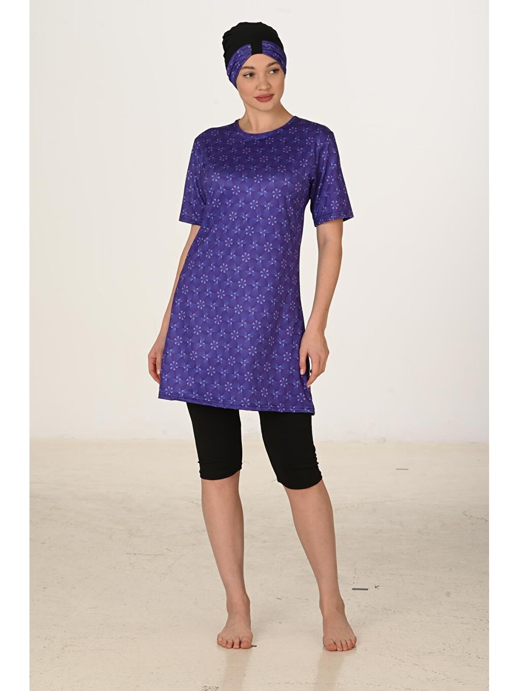 Mor Kısa Kollu Elastanlı Yarı Kapalı Tesettür Mayo 3456-2