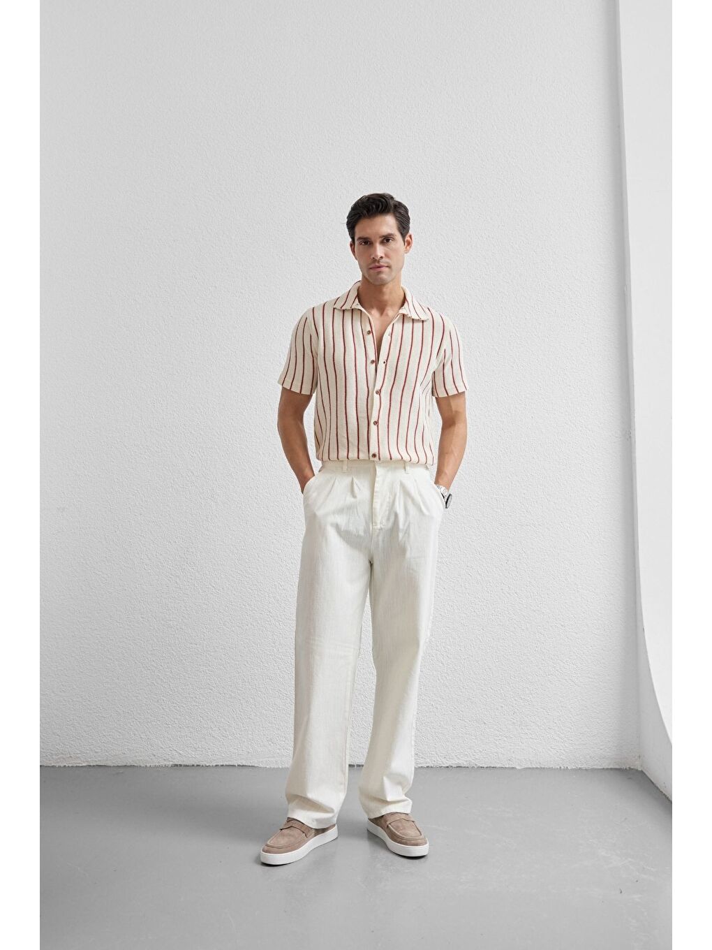 Beyaz Boso Erkek Çift Pileli Keten Baggy Pantolon-5