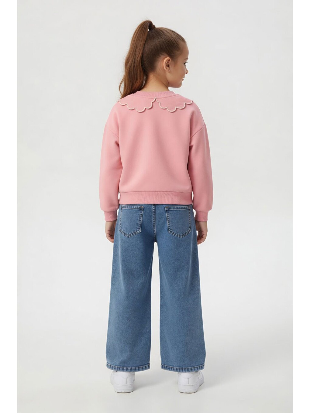 Pembe Yakası Çiçek Nakışlı Badili Jean Pantolonlu Kız Çocuk Takım 24568-4