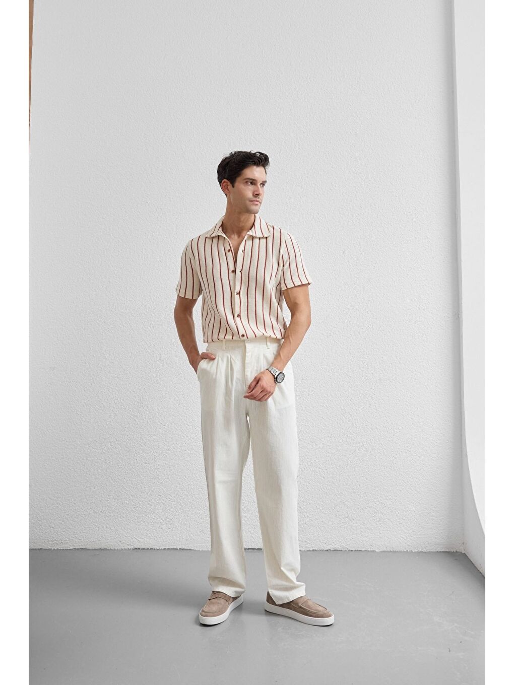 Beyaz Boso Erkek Çift Pileli Keten Baggy Pantolon-6