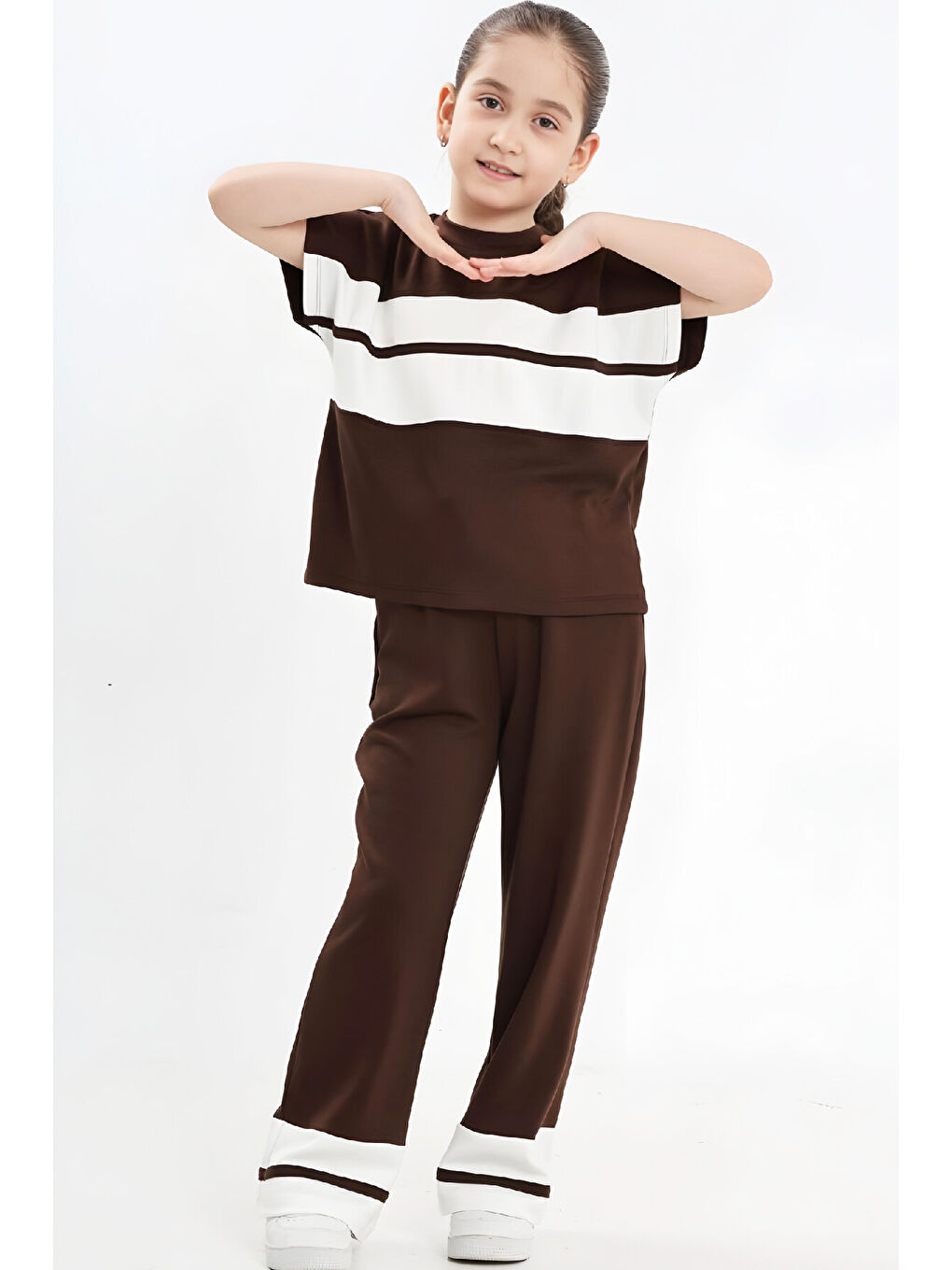 Kahverengi Kız Çocuk Double Face Kumaş Alt Üst Takım 7-12 Yaş 12640