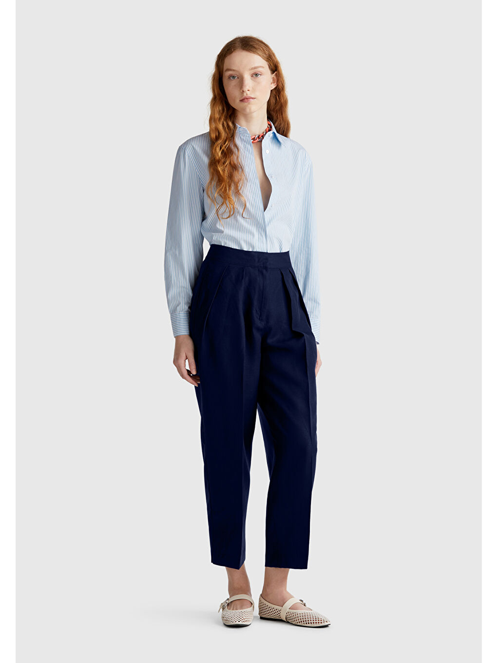 Kadın Lacivert Keten Karışımlı Havuç Kesim Pantolon-4