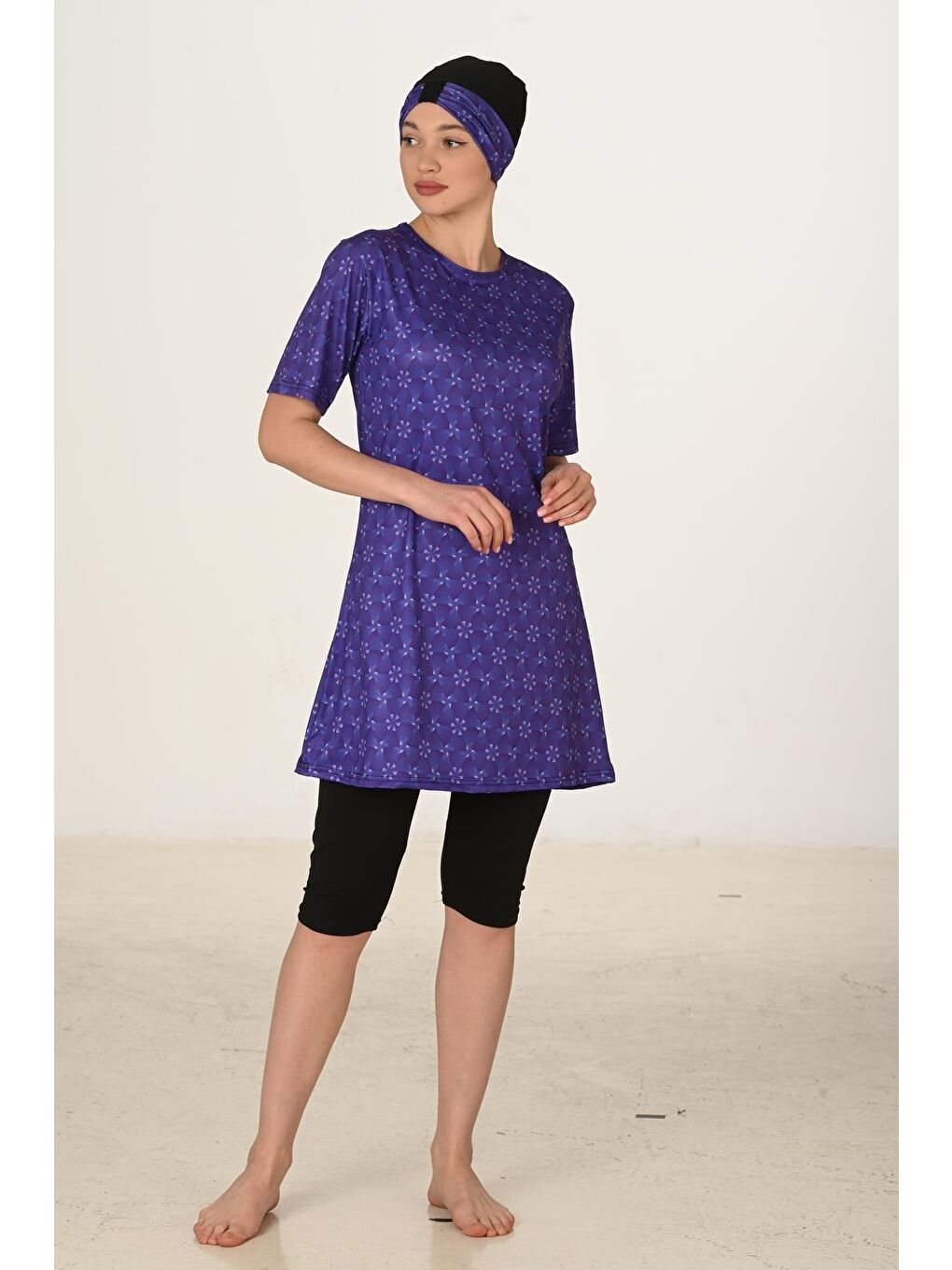 Mor Kısa Kollu Elastanlı Yarı Kapalı Tesettür Mayo 3456-3