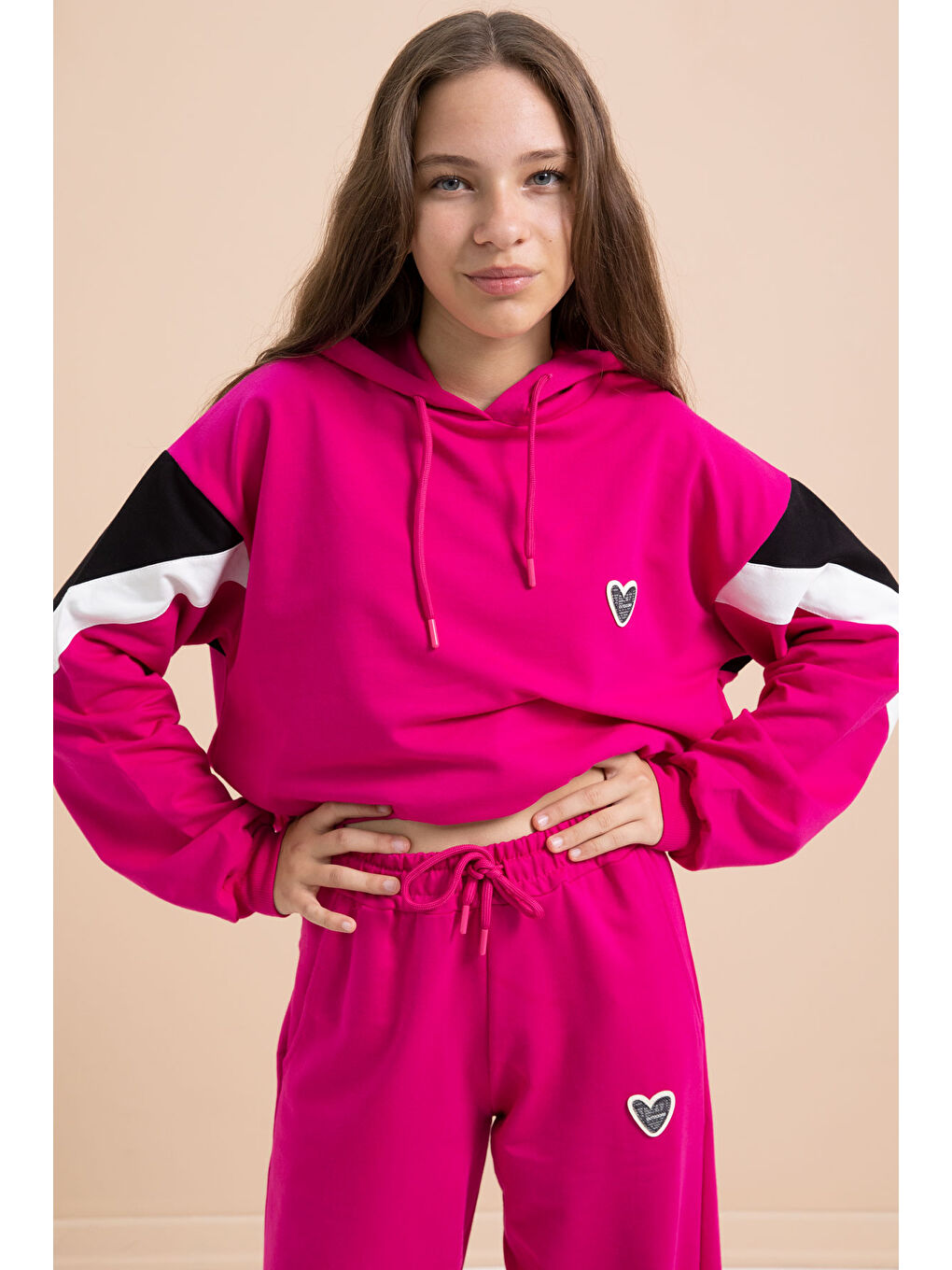 Fuşya Kargo Cepli Kız Çocuk Logolu İkili Takım 21299-3